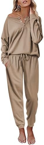 Ekouaer Pajamas Women's Waffle Knit Sleepwear Long Sleeve Top with Pants Casual Pjs Loungewear Set S-XXL