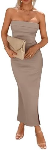 PRETTYGARDEN Women's Summer Bodycon Maxi Tube Dress Ribbed Strapless Side Slit Long Going Out Casual Elegant Party Dresses