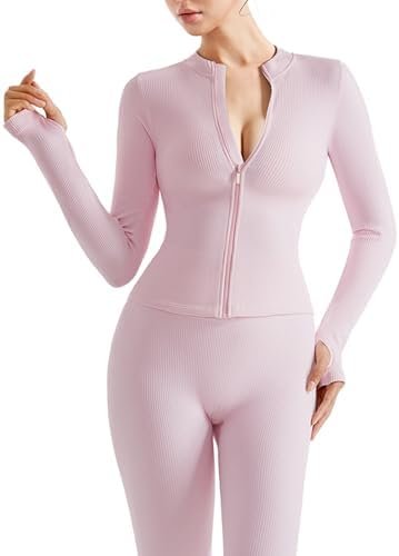 SUUKSESS Women 2 Piece Seamless Ribbed Workout Sets With Zip Up Jacket High Waisted Gym Yoga Leggings - Image 2