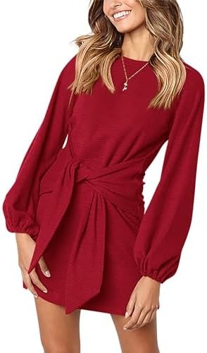 PRETTYGARDEN Women's Elegant Long Lantern Sleeve Short Dress Crewneck Tie Waist Knit Cocktail Dress