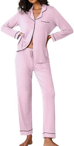 Ekouaer Pajamas Women's Long Sleeve Sleepwear Soft Button Down Loungewear Pjs Lounge Set Nightwear XS-XXL