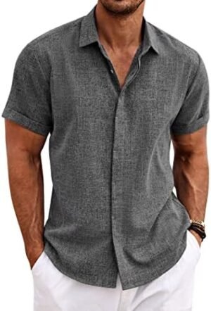 COOFANDY Men's Linen Shirts Short Sleeve Casual Shirts Button Down Shirt for Men Beach Summer Wedding Shirt