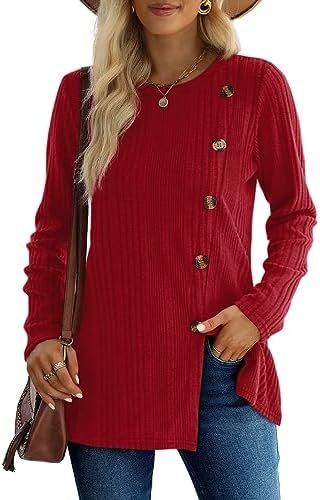 XIEERDUO Long Sleeve Tops for Women Tunics Buttons Front Slit