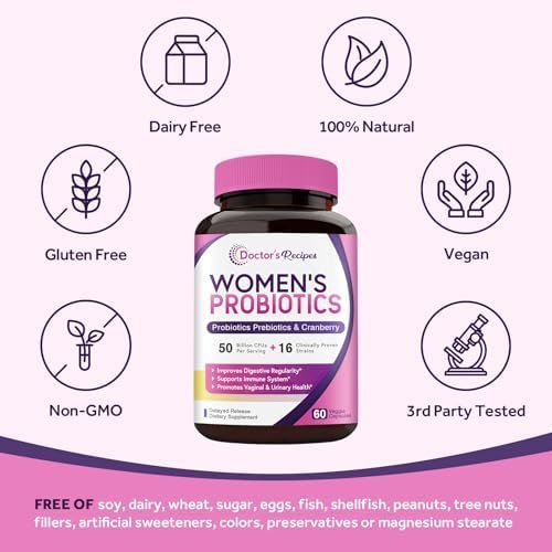 Doctor's Recipes Women’s Probiotic, 60 Caps 50 Billion CFU 16 Strains, with Organic Cranberry, Digestive Immune Vaginal & Urinary Health, Shelf Stable, Delayed Release, No Soy Gluten Dairy - Image 5