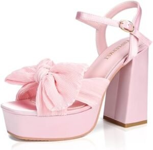 KHPAERMEI Bow Knot Platform Heels for Women Fashion Open Toe Chunky Heeled Sandals Ankle Strap Wedding Party Dress High Heels