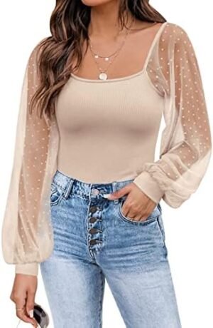 DOROSE Womens Mesh Long Sleeve Shirts Casual Blouses Tops