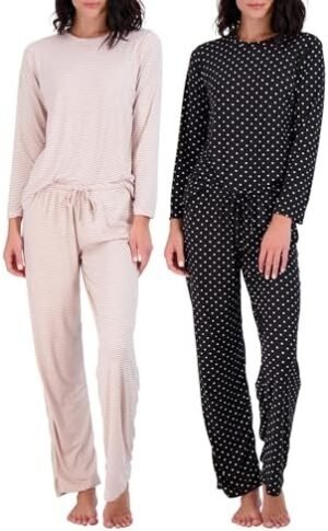Real Essentials 2 Pack: Women's Pajama Set - Choose from Short Sleeve with Pocket or Long Sleeve without Pocket