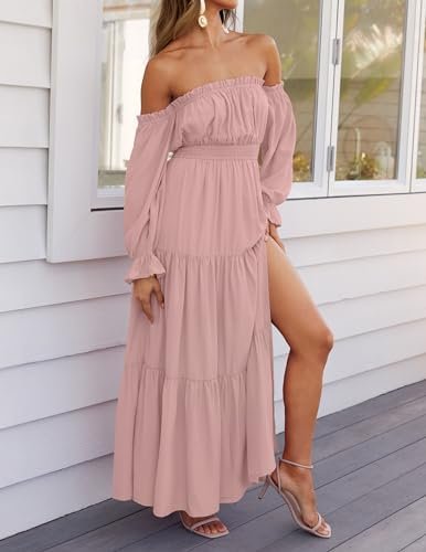 ZESICA Women's Boho Sexy Off Shoulder Long Sleeve Smocked High Waist Side Split Flowy A Line Tiered Long Maxi Dress - Image 8
