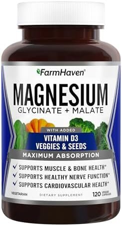FarmHaven Magnesium Glycinate & Malate Complex w/Vitamin D3, 100% Chelated for Max Absorption, Vegetarian – Bone Health, Nerves, Muscles, 120 Capsules, 60 Days