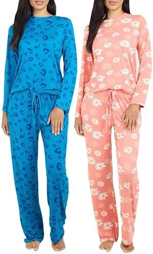 Real Essentials 2 Pack: Women's Pajama Set - Choose from Short Sleeve with Pocket or Long Sleeve without Pocket