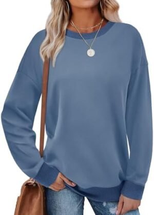 Saloogoe Sweatshirts for Women Crewneck Long Sleeve Loose Fit Tops Color Block Ribbed Trim Fashion 2024