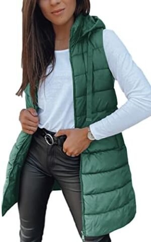 Veatzaer Women Long Vest Solid Color Sleeveless Hood Winter Puffer Vest Outwear