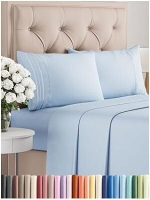 Queen Size 4 Piece Sheet Set - Comfy Breathable & Cooling Bed Sheets Set - Hotel Luxury Bedding for Women, Men, Kids & Teens - Deep Pockets, Easy-Fit, Super Soft & Wrinkle Free - Oeko-Tex - Sky Blue
