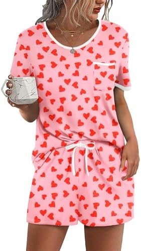 Ekouaer Pajama Set for Women 2 Piece Lounge Set Short Sleeve Tops and Shorts Soft Sleepwear, Chest Pocket