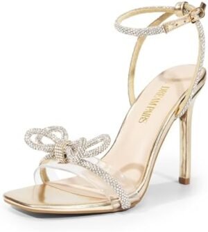 DREAM PAIRS Women's Double Bowknots Crystal Sandals Clear Slingback Heels Square Toe Shoes for Party Wedding