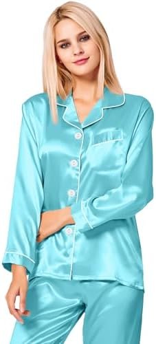 SWOMOG Womens Silk Satin Pajamas Set Long Sleeve Button Down Sleepwear 2 Piece Lounge Set Pj Set XS-3XL - Image 2