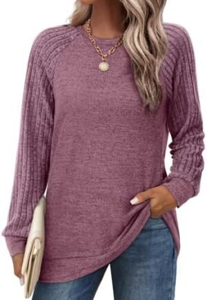 Saloogoe Tunic Sweatshirts for Women Crewneck Lightweight Sweaters Raglan Long Sleeve Shirts Fall Fashion Tops 2024