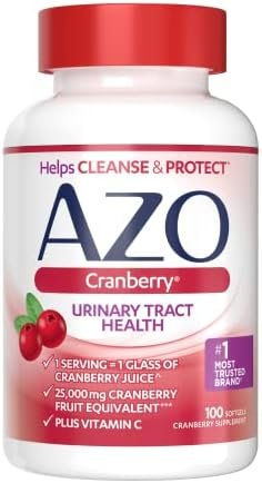 AZO Cranberry Supplement, Made with Concentrated Whole Fruit Cranberry Powder to Help Cleanse and Protect the Urinary Tract*, Sugar Free Cranberry Pills, Non-GMO, 100 Softgels