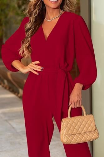 PRETTYGARDEN Women's Fall Jumpsuits Casual Dressy One Piece Outfits V Neck Long Sleeve Belt Pockets Long Pants Romper - Image 3
