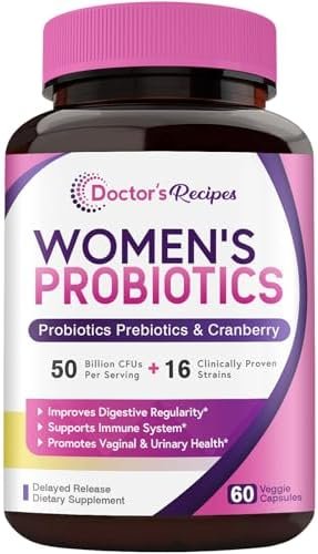 Doctor's Recipes Women’s Probiotic, 60 Caps 50 Billion CFU 16 Strains, with Organic Cranberry, Digestive Immune Vaginal & Urinary Health, Shelf Stable, Delayed Release, No Soy Gluten Dairy