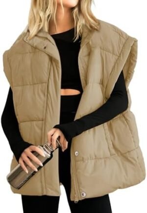 Songling Womens Oversized Puffer Vest Stand Collar Full Zip Sleeveless Bubble Puffer Vest Quilted Padded Warm Coat Outwear