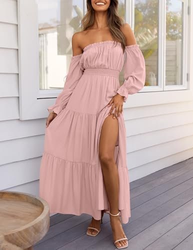 ZESICA Women's Boho Sexy Off Shoulder Long Sleeve Smocked High Waist Side Split Flowy A Line Tiered Long Maxi Dress - Image 2
