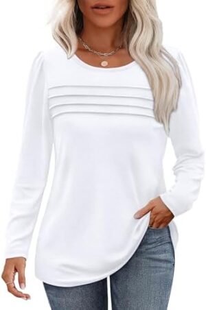 OFEEFAN Long Sleeve Shirts for Women Fall Fashion 2025 Dressy Casual Blouses Trendy Pleated Tunic Tops for Leggings