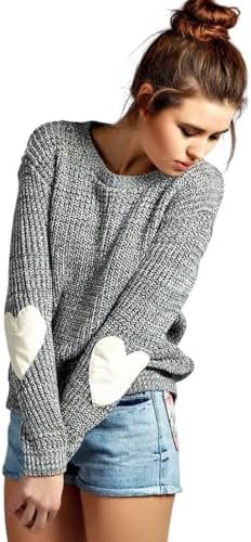 shermie Women's Cute Heart Pattern Elbow Patchwork Knitted Sweaters Long Sleeve Crew Neck Casual Pullover