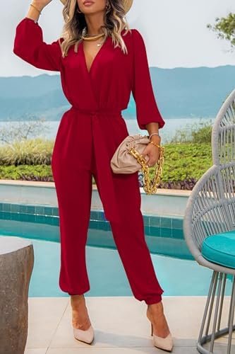 PRETTYGARDEN Women's Fall Jumpsuits Casual Dressy One Piece Outfits V Neck Long Sleeve Belt Pockets Long Pants Romper - Image 5