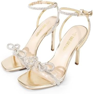 DREAM PAIRS Women's Double Bowknots Crystal Sandals Clear Slingback Heels Square Toe Shoes for Party Wedding - Image 2