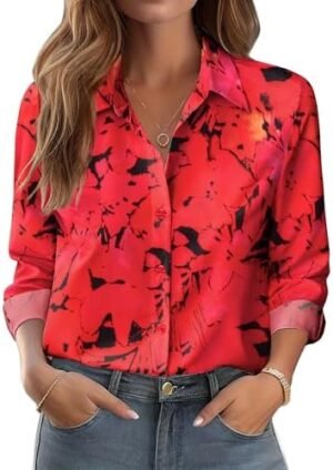 Zeagoo Button Down Shirts for Women Dressy Floral Printed Long Sleeve Blouse Business Casual Work Tops