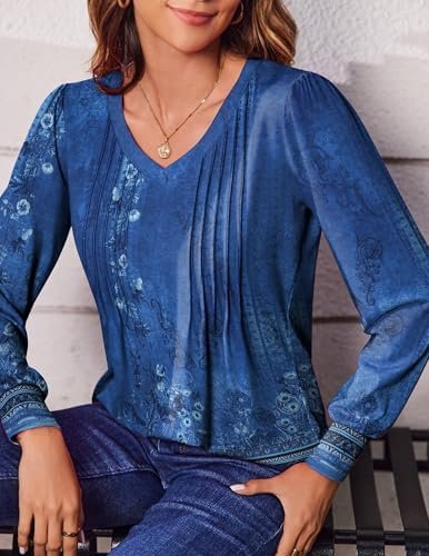 Zeagoo Women'S Puff Long Sleeve Shirts Pleated V Neck Fall Tunic Tops Blouse Dressy Causal Loose Summer T-Shirts - Image 4