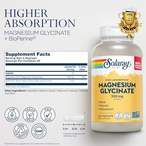 Solaray Magnesium Glycinate, New & Improved Fully Chelated Bisglycinate with BioPerine, High Absorption Formula, Stress, Bones, Muscle & Relaxation Support, 60 Day Guarantee, 60 Servings, 240 VegCaps - Image 2