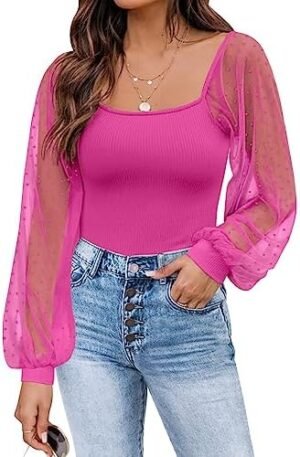 DOROSE Womens Mesh Long Sleeve Shirts Casual Blouses Tops