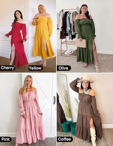ZESICA Women's Boho Sexy Off Shoulder Long Sleeve Smocked High Waist Side Split Flowy A Line Tiered Long Maxi Dress - Image 6