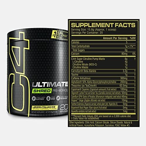 Cellucor C4 Ultimate Shred Pre Workout Powder for Men & Women, Metabolism Supplement with Ginger Root Extract, Lemon Italian Ice, 20 Servings (Pack of 1) - Image 2