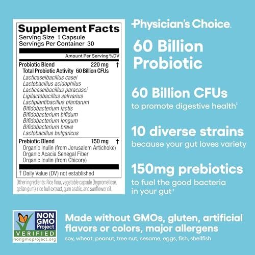 Physician's Choice Probiotics 60 Billion CFU - 10 Strains + Organic Prebiotics - Immune, Digestive & Gut Health - Supports Occasional Constipation, Diarrhea, Gas & Bloating - for Women & Men - 30ct - Image 6