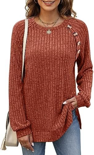 Bofell Long Sleeve Shirts for Women Lightweight Button Decor Tunic Tops Side Split - Image 2