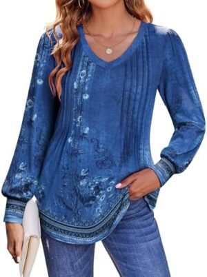 Zeagoo Women'S Puff Long Sleeve Shirts Pleated V Neck Fall Tunic Tops Blouse Dressy Causal Loose Summer T-Shirts