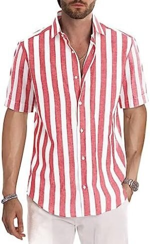 JMIERR Men's Casual Stylish Short Sleeve Button-Up Striped Dress Shirts Cotton Beach Shirt