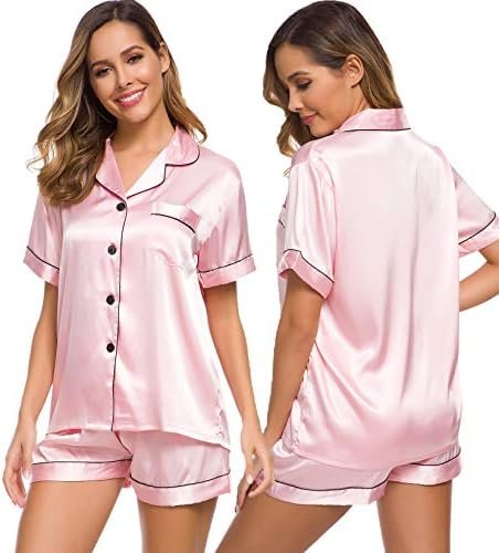 SWOMOG Womens Silk Satin Pajamas Set Short Sleeve Sleepwear Button Down Top and Shorts Loungewear 2 Piece Pjs Set XS-3XL
