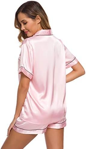 SWOMOG Womens Silk Satin Pajamas Set Short Sleeve Sleepwear Button Down Top and Shorts Loungewear 2 Piece Pjs Set XS-3XL - Image 5