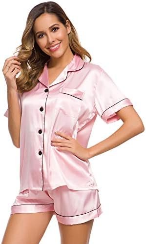 SWOMOG Womens Silk Satin Pajamas Set Short Sleeve Sleepwear Button Down Top and Shorts Loungewear 2 Piece Pjs Set XS-3XL - Image 4