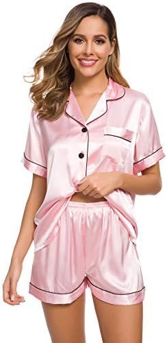 SWOMOG Womens Silk Satin Pajamas Set Short Sleeve Sleepwear Button Down Top and Shorts Loungewear 2 Piece Pjs Set XS-3XL - Image 3
