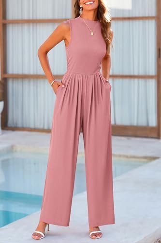 PRETTYGARDEN Womens Summer Jumpsuits Dressy Casual One Piece Outfits Sleeveless Mock Neck Wide Leg Pants Rompers with Pockets - Image 7