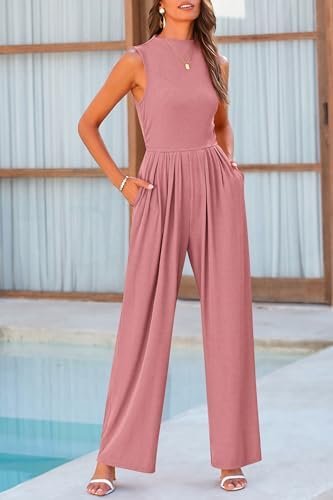 PRETTYGARDEN Womens Summer Jumpsuits Dressy Casual One Piece Outfits Sleeveless Mock Neck Wide Leg Pants Rompers with Pockets - Image 8