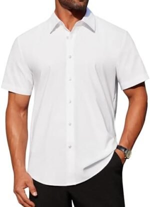 J.VER Mens Short Sleeve Button Down Shirt Stretch Business Casual Dress Shirts Solid Summer Wedding Prom Tops