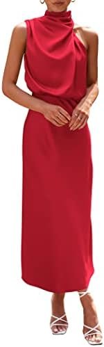 PRETTYGARDEN Women's 2025 Summer Satin Dress Elegant Sleeveless Mock Neck Cocktail Party Maxi Dresses