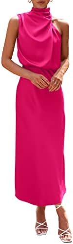PRETTYGARDEN Women's 2025 Summer Satin Dress Elegant Sleeveless Mock Neck Cocktail Party Maxi Dresses