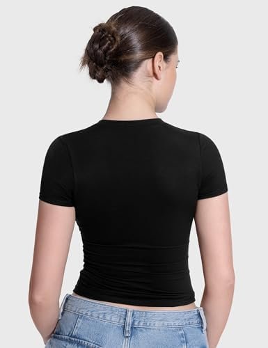 PUMIEY Women's Crew Neck Short Sleeve Tops Double Lined Slim Fit T Shirts Basic Tee Smoke Cloud Pro Collection - Image 4